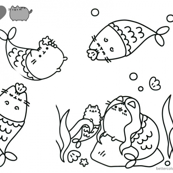 pusheen mermaid coloring pages