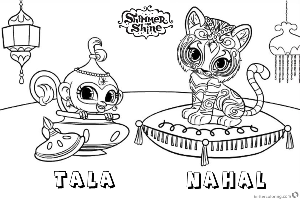 Shimmer and Shine Coloring Pages Pet Tiger and Monkey - Free Printable
