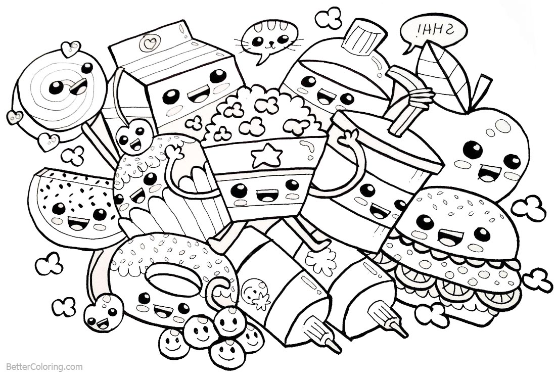 Cute Food Coloring Pages Many Snacks - Free Printable Coloring Pages