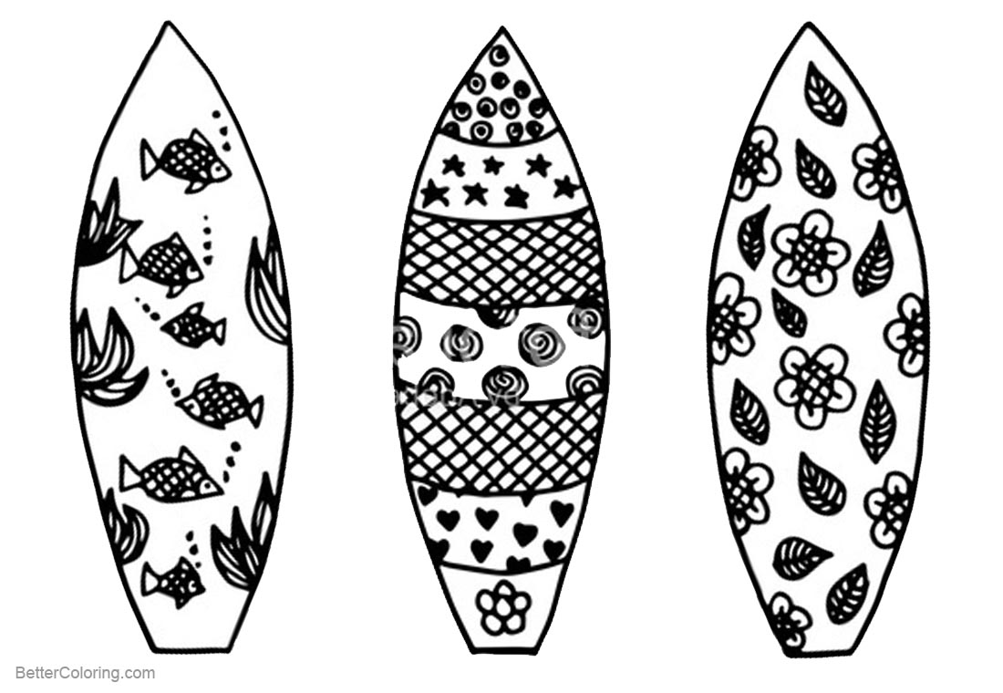 Surfboard Coloring Pages Three Surfboards with Pattern - Free Printable