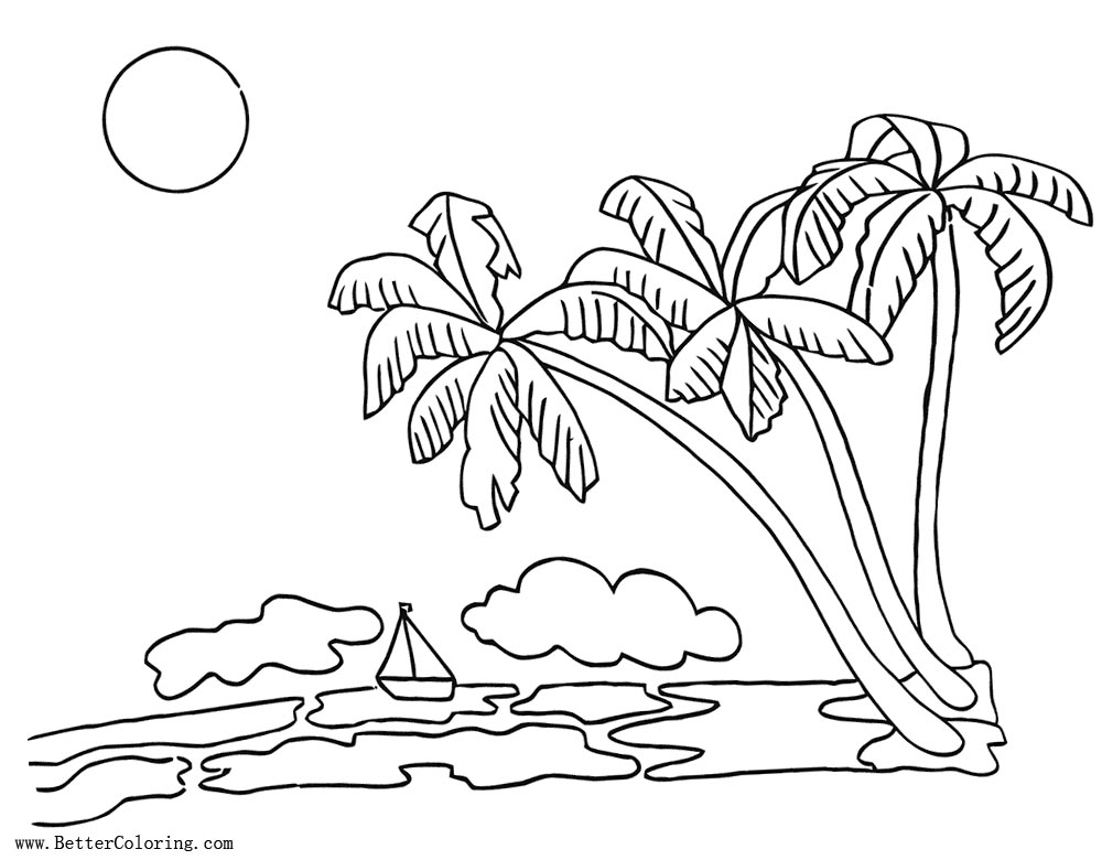 Palm Tree Coloring Pages with Sea and Boat - Free Printable Coloring Pages