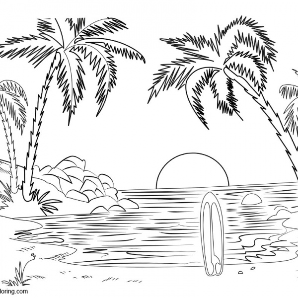 Summer Beach Fun Coloring Pages with Palm Tree and Drink - Free ...