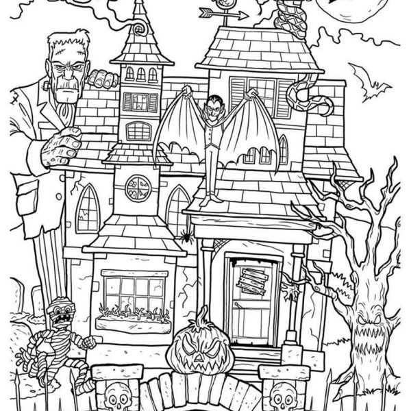 Haunted House Coloring Pages On Moon Night Free Printable Coloring Pages