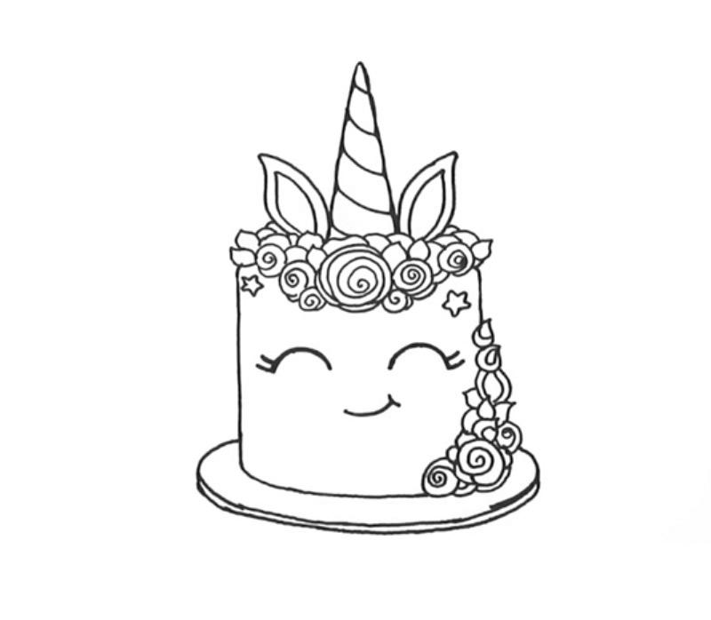 Smiling Unicorn  Cake Coloring  Pages  Free Printable 