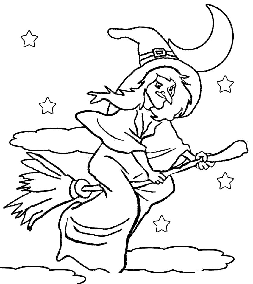 Spooky Coloring Pages Flying Witch - Free Printable Coloring Pages